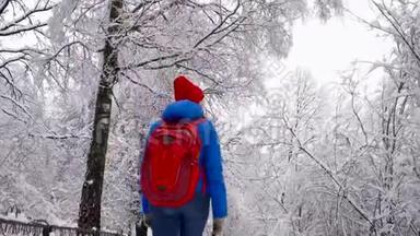 女人沿着一条小路走在美丽的冬天白雪覆盖的风景中。 <strong>晴朗</strong>的<strong>晴朗</strong>的霜冻天气。